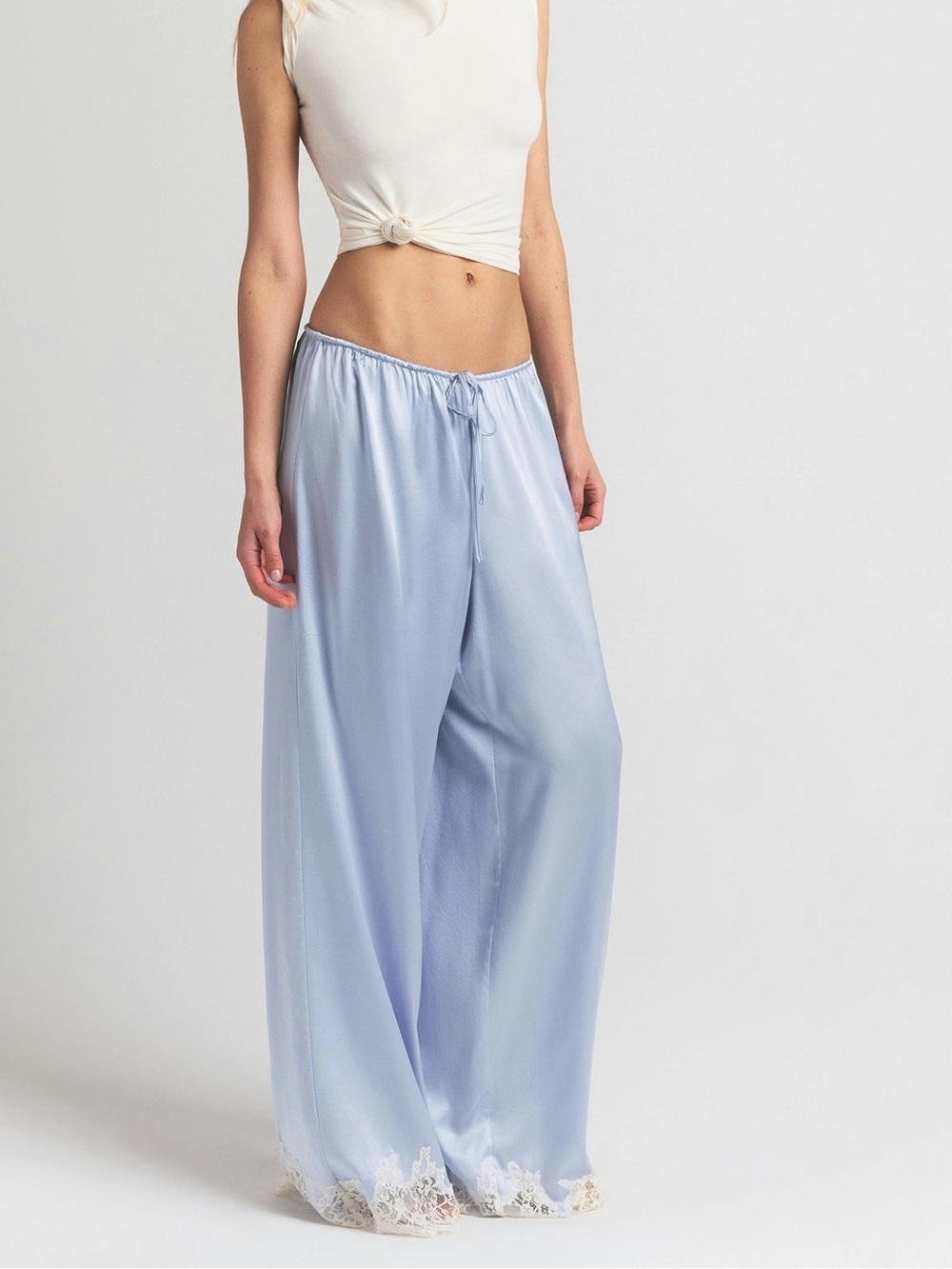 SKIMS Silk Light Blue Satin Wide-Leg Pants with Lace Hem